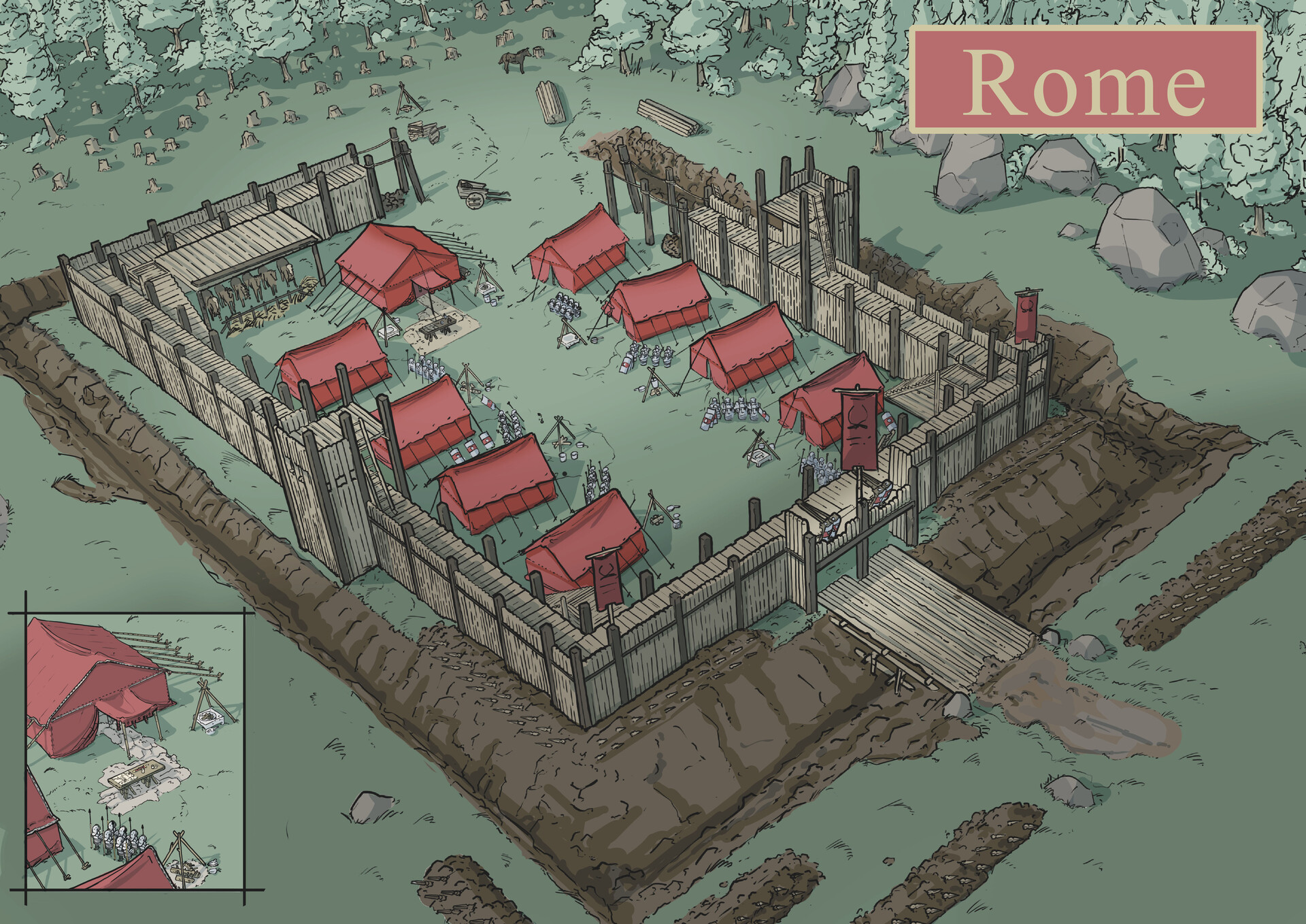 Ancient Roman military marching camp with tents, fortifications, soldiers, and organized supply areas