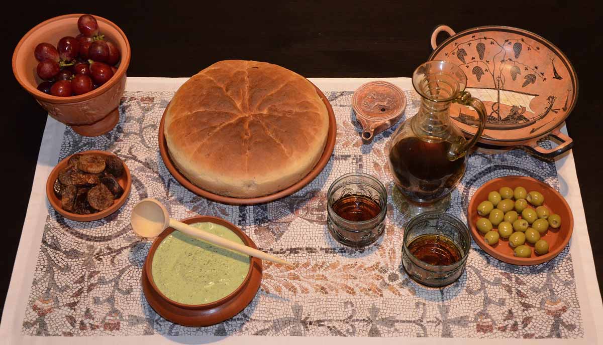 Roman soldiers eating military rations including bread, grains, legumes, vegetables, and meat