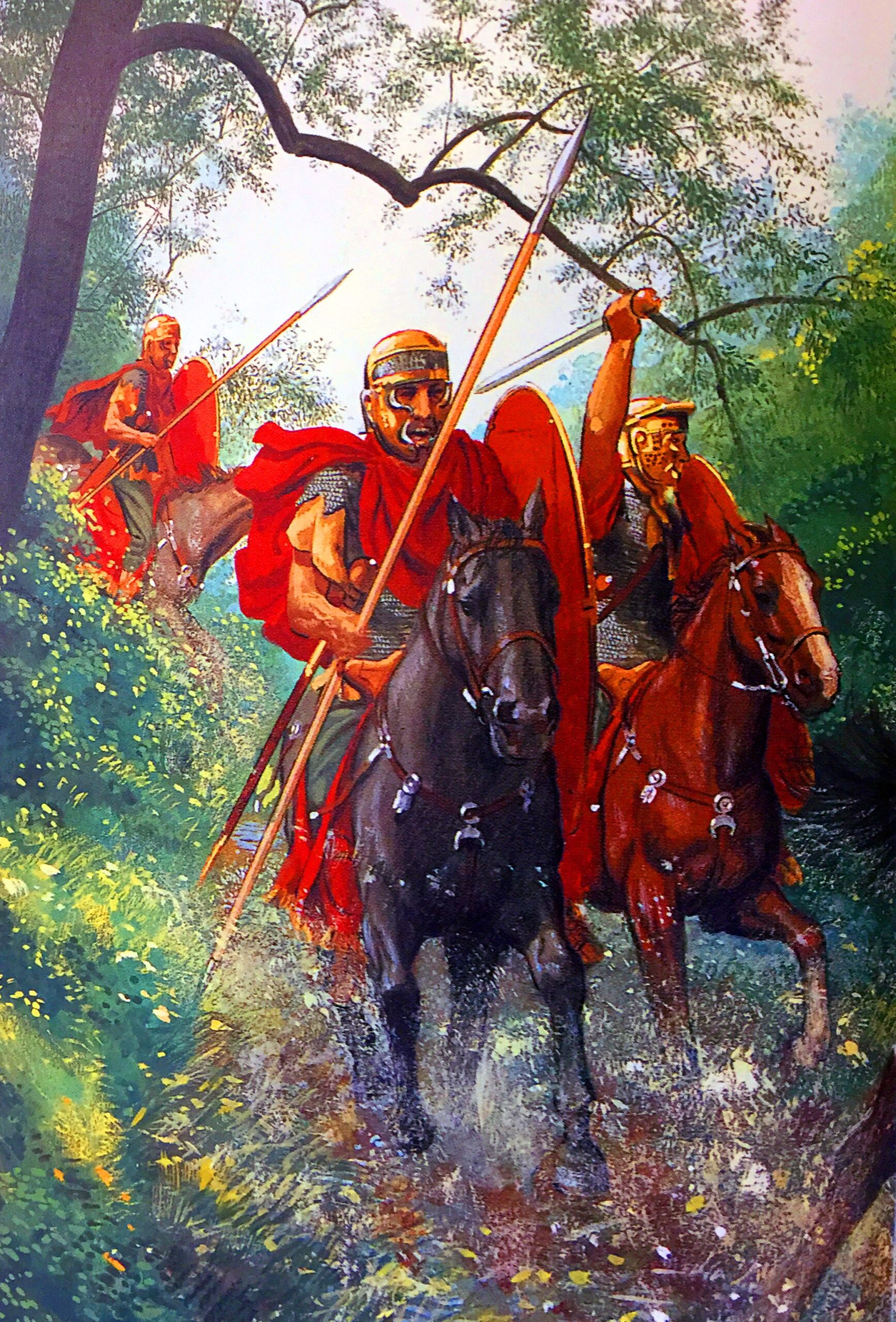 Roman military scouts skirmishing with enemy forces in a shallow river during a campaign