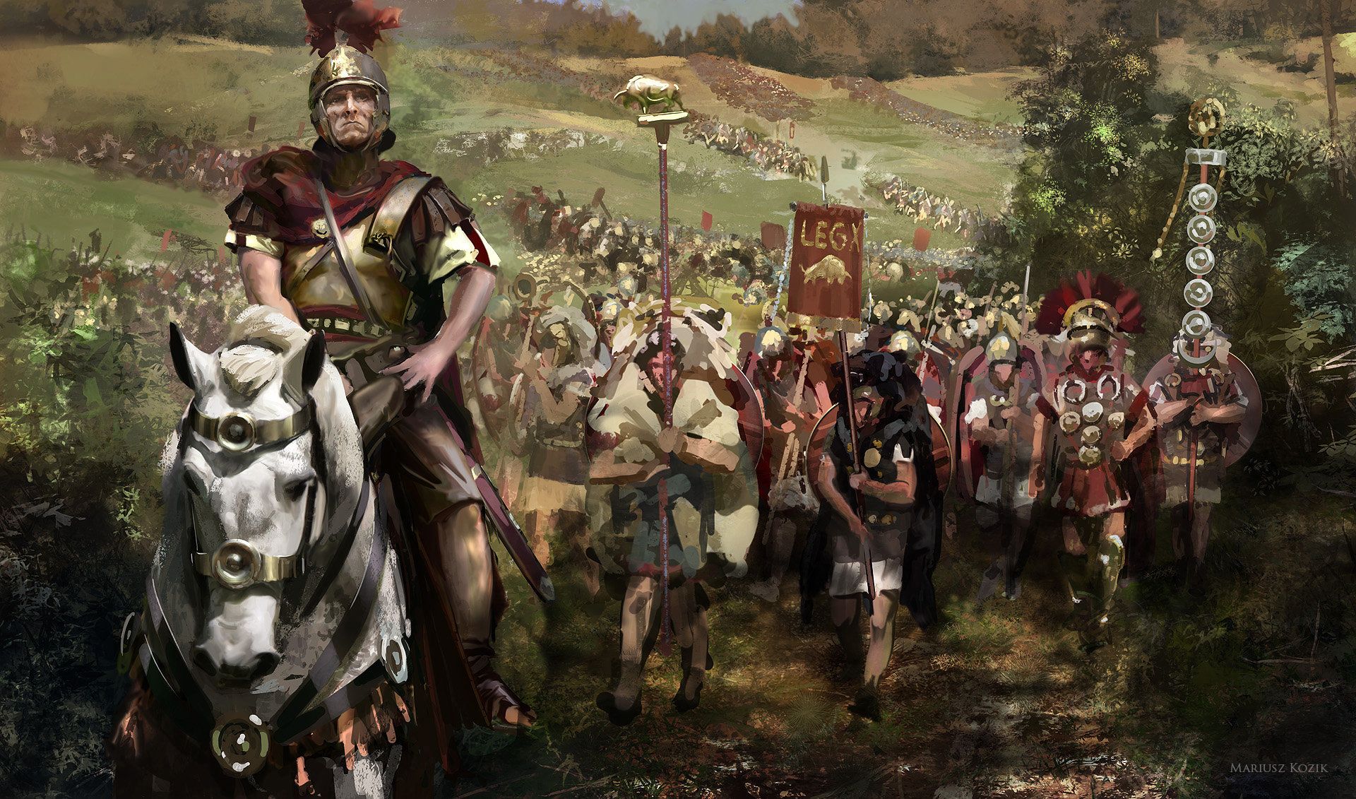 Roman legionaries marching through Gaul during an ancient military campaign across northern Europe