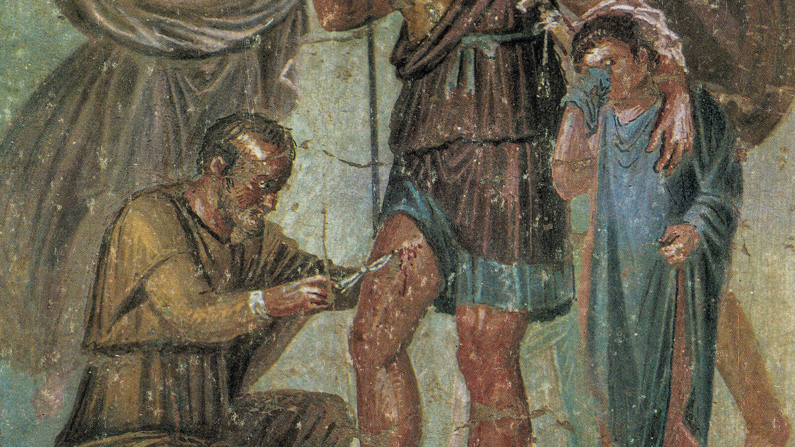 Roman surgeon treating a patient with medical instruments in an ancient Roman clinic
