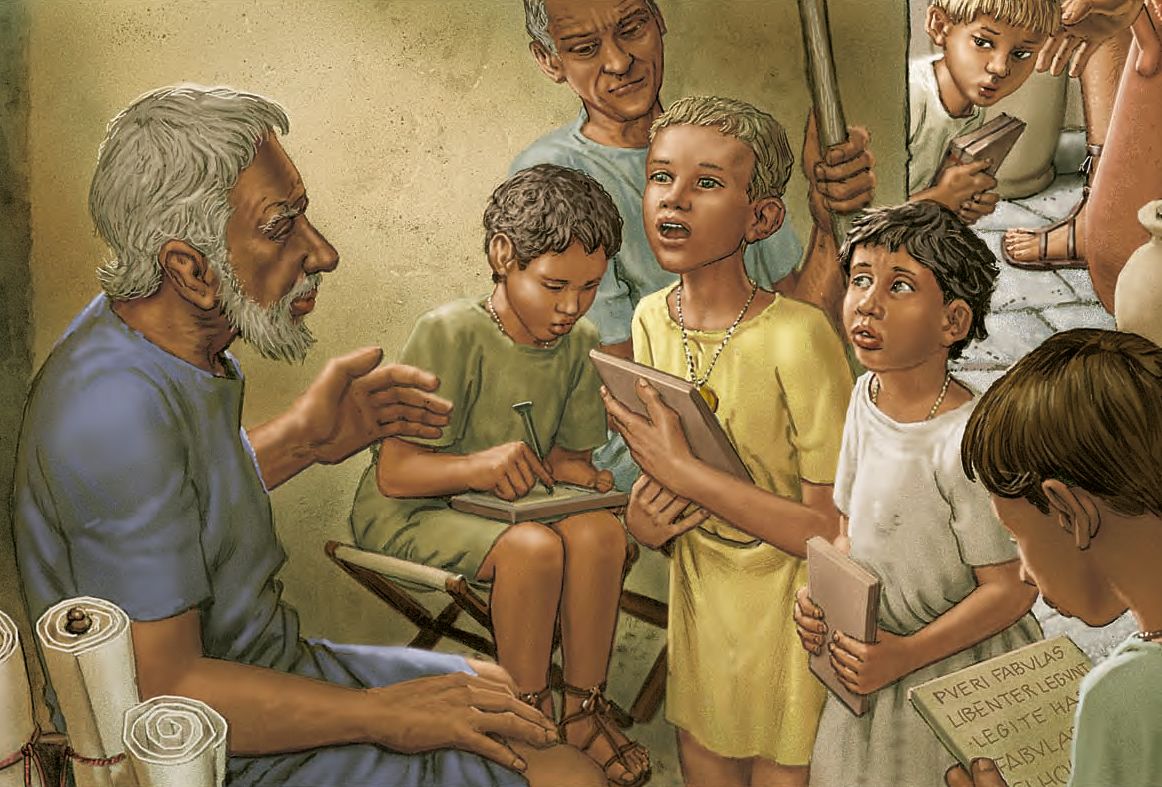 Roman teacher instructing students in reading, writing, and classical education