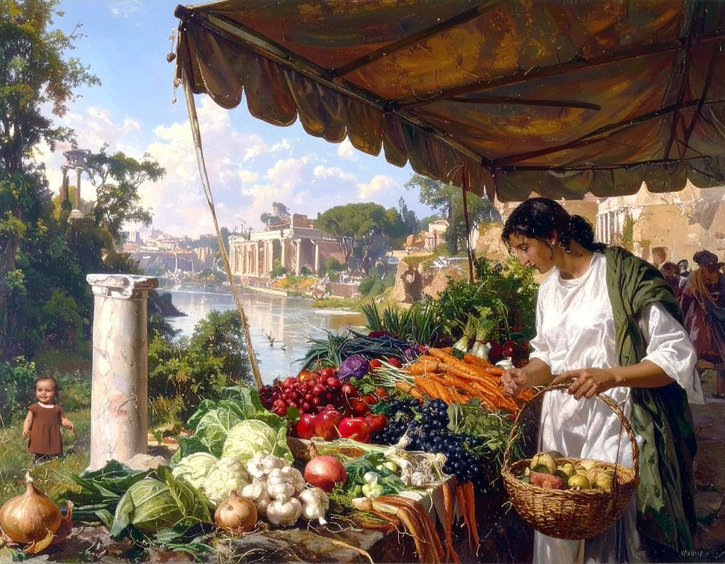 Roman woman buying fresh vegetables from a market stall in ancient Rome