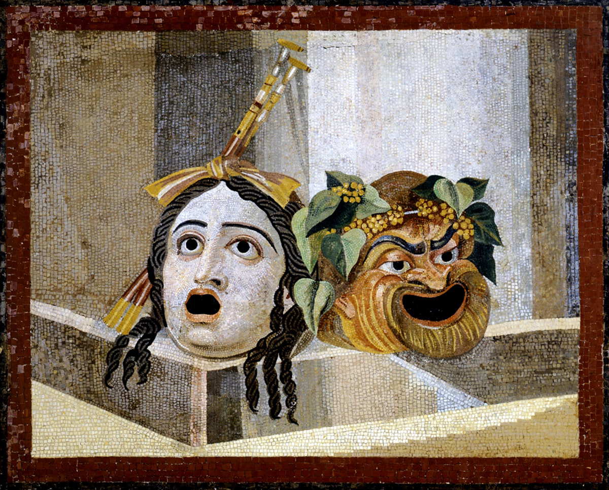 Ancient Roman mosaic depicting theatrical masks used in Roman drama and performances