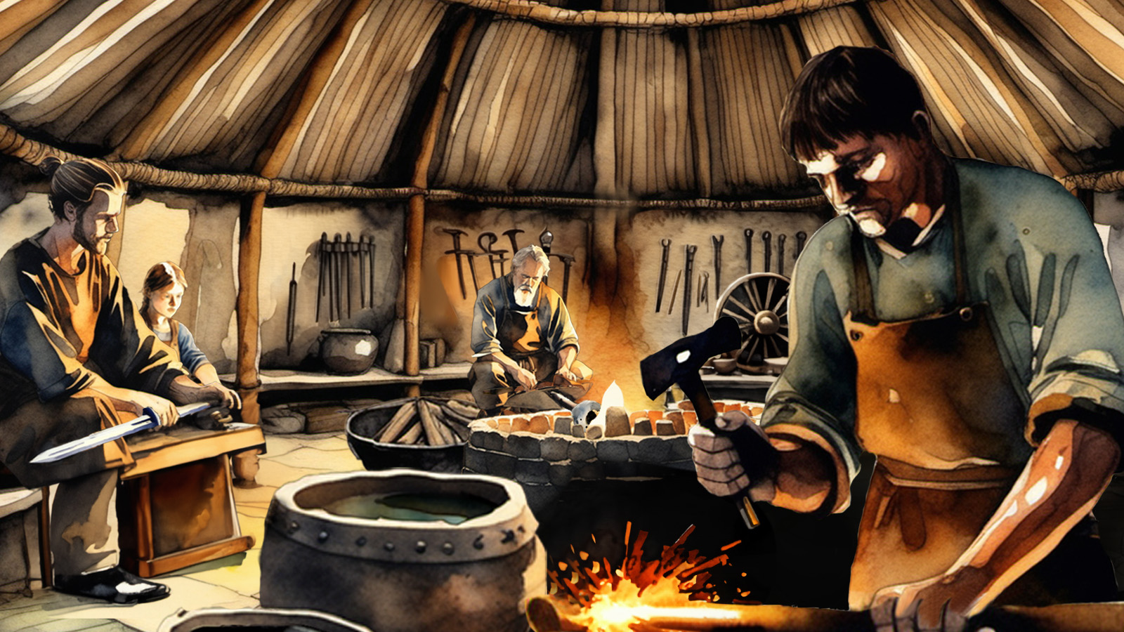 Reconstruction of a Roman blacksmith workshop with tools, furnace, and metalworking equipment