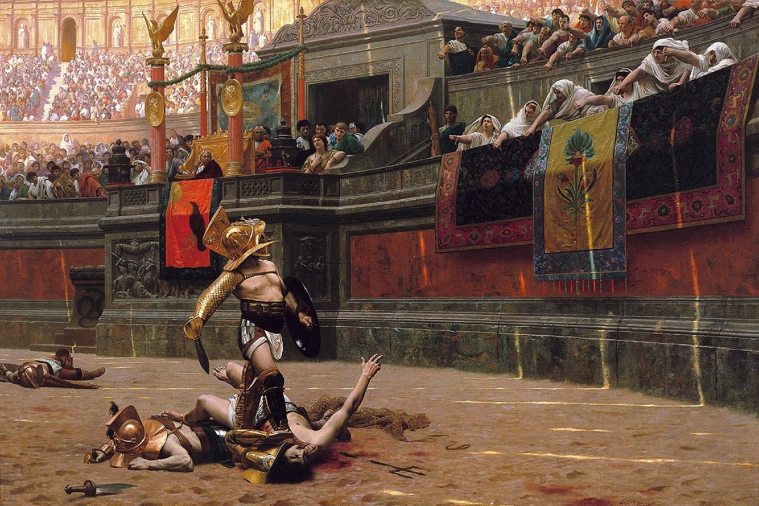 Roman gladiator walking across the arena after winning a match, carrying weapons and celebrating victory