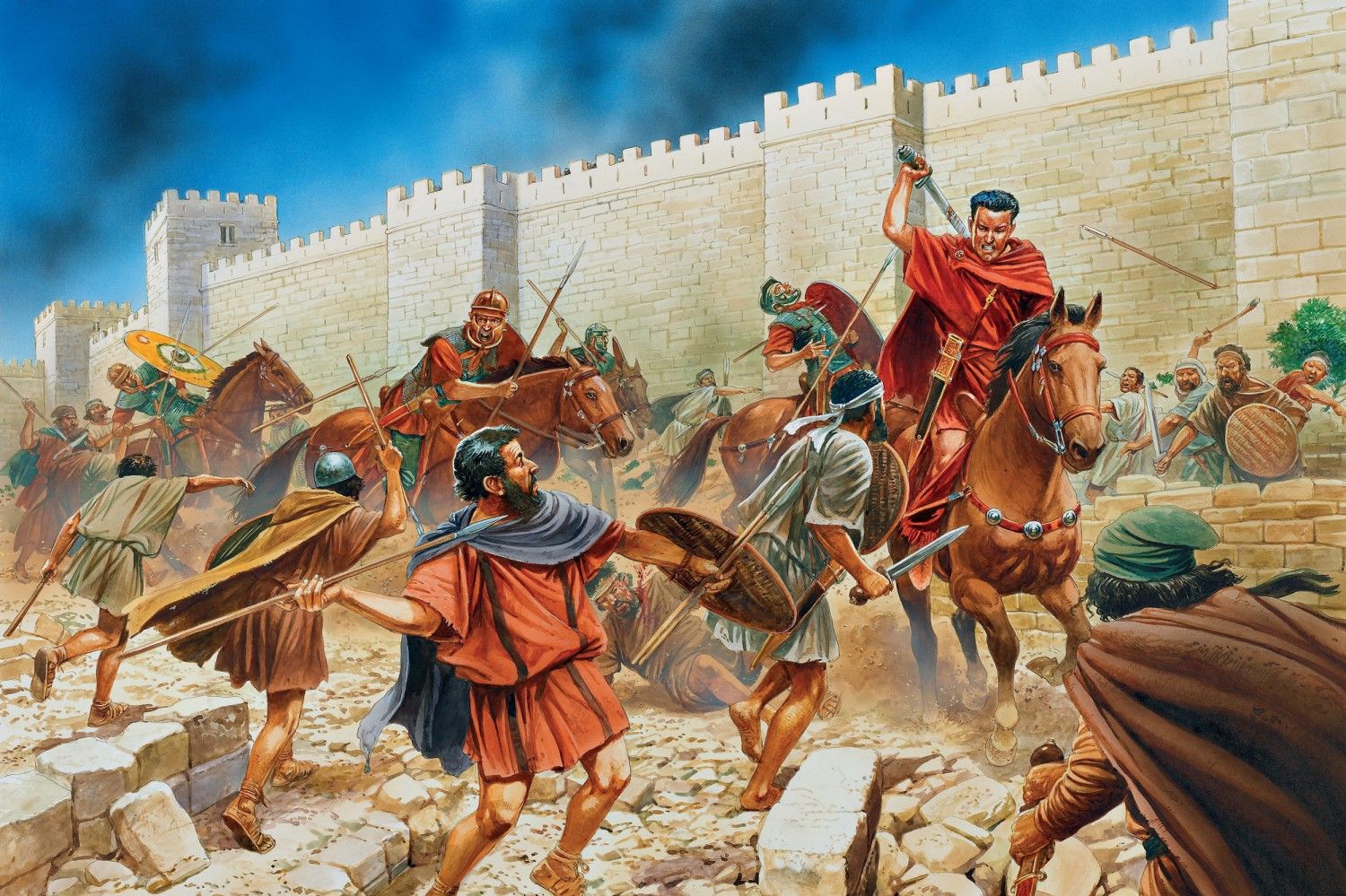 Roman soldiers fighting Jerusalem defenders outside the city walls during the siege in 70 CE