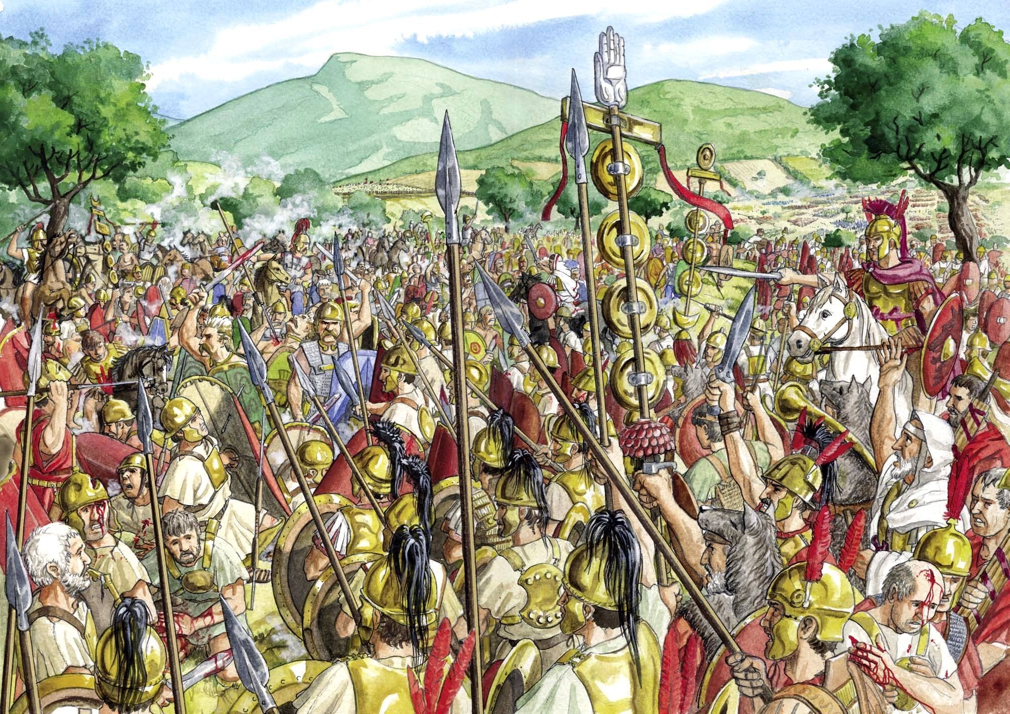 Large open battlefield showing Roman soldiers fighting Samnite warriors during the First Samnite War