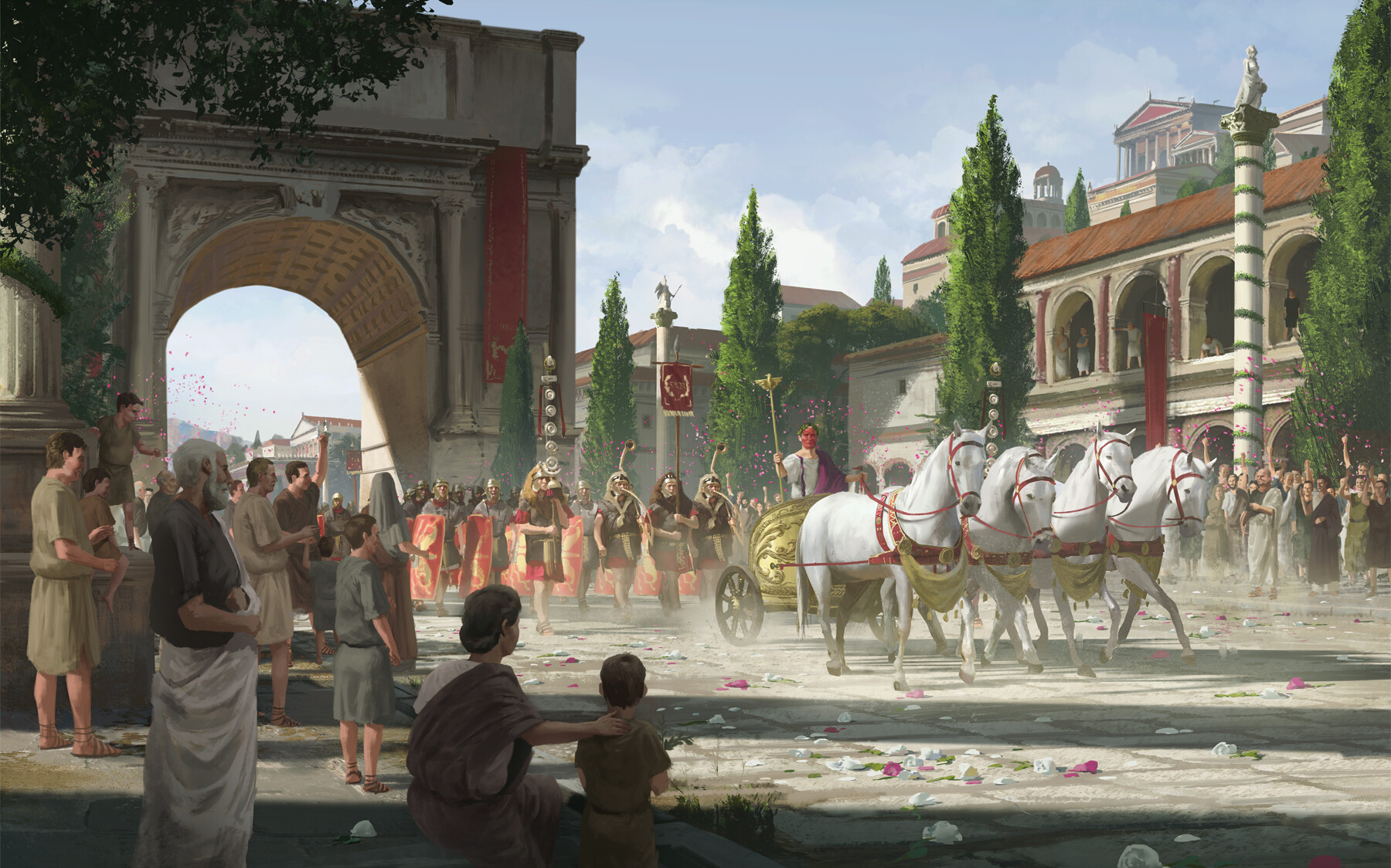 Roman triumph celebrating victory after the Siege of Jerusalem, featuring soldiers and captured treasures