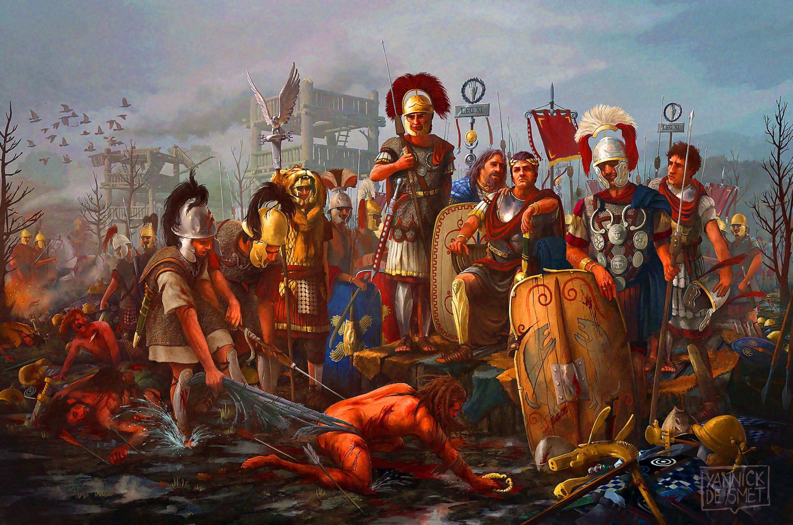 Julius Caesar and his Roman army after victory at the Siege of Alesia