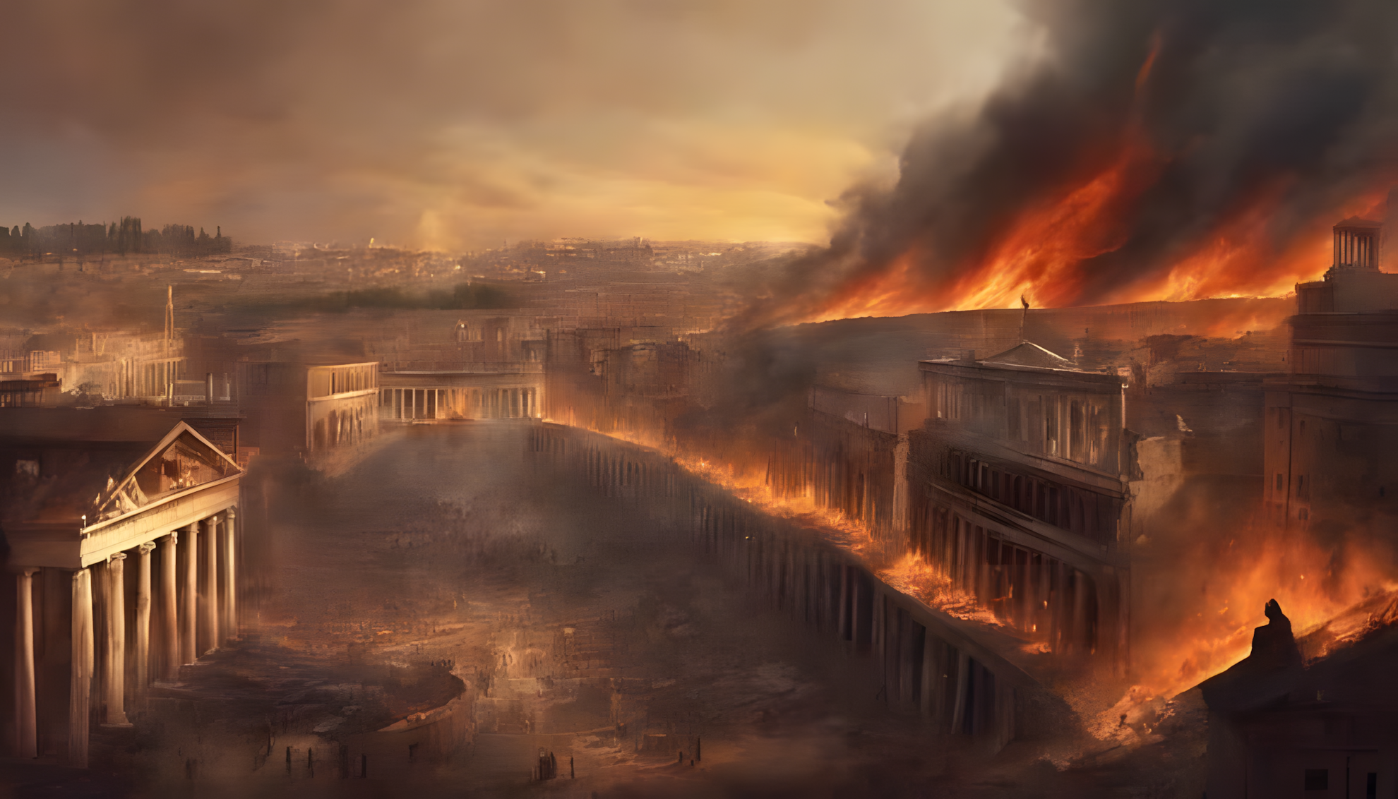 Great Fire of Rome engulfing entire streets, with flames spreading among buildings and crowds fleeing
