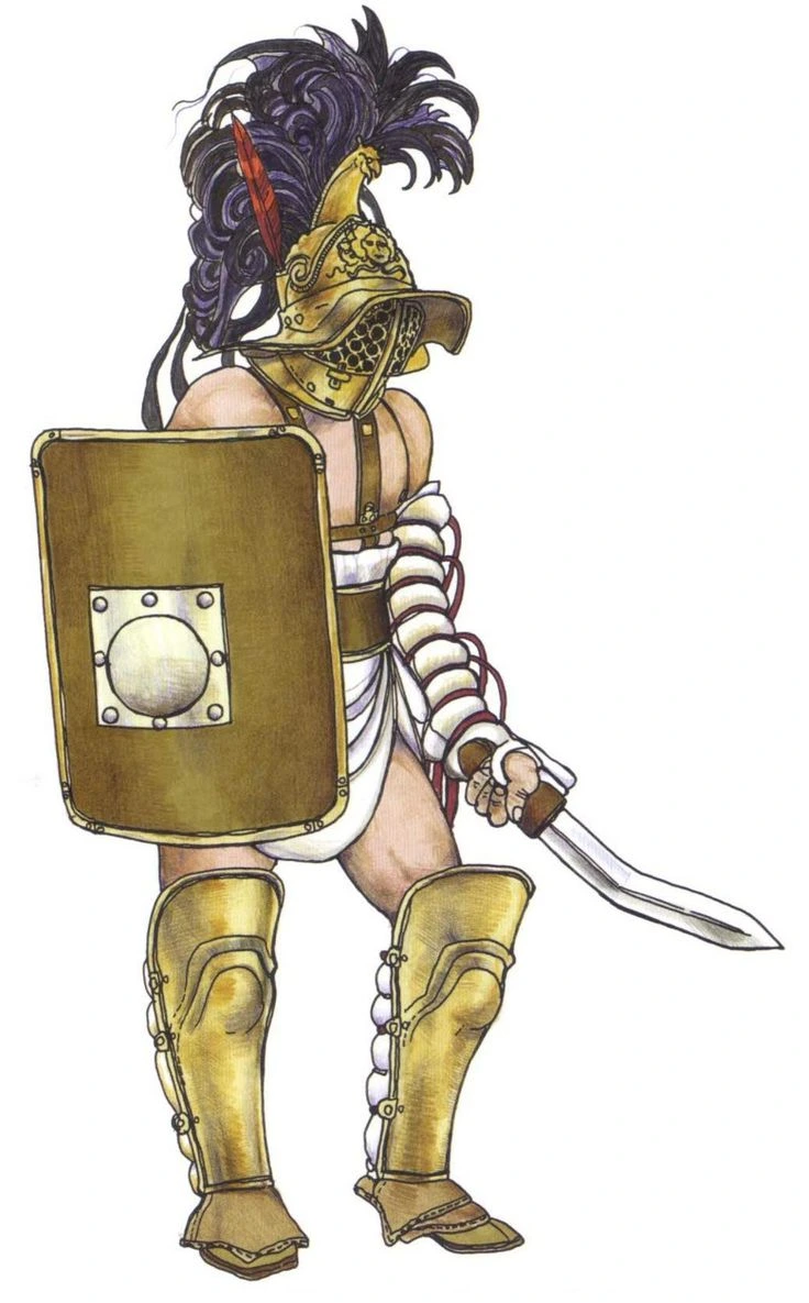 Samnite gladiator fighting with large shield, sword, helmet, and heavy armor using defensive strategy
