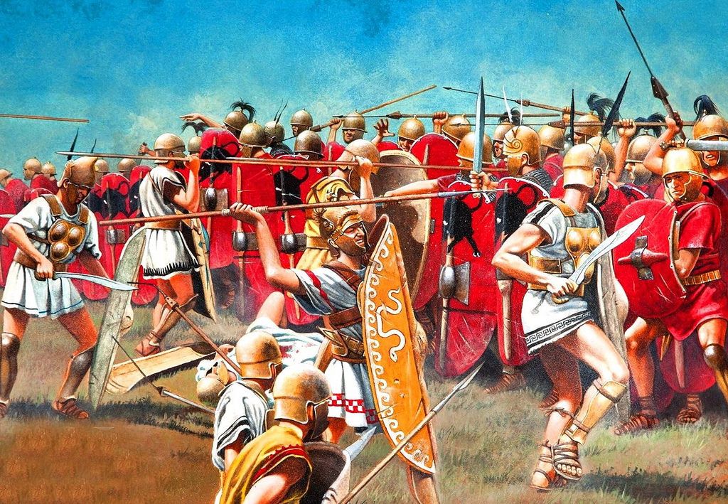 Samnite warriors skirmishing against Roman lines during a battle in ancient Italy
