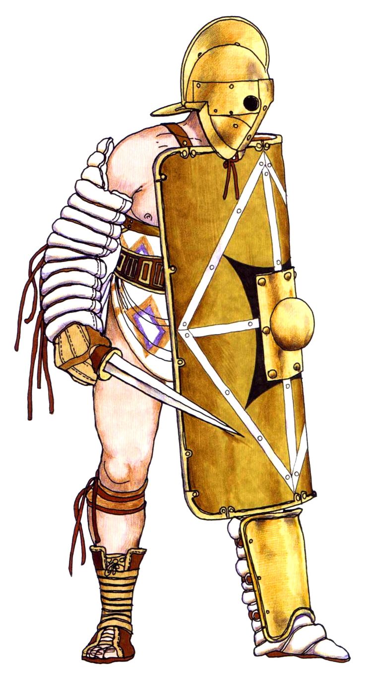 Secutor gladiator fighting with a heavy shield, straight sword, helmet, and aggressive pursuit strategy