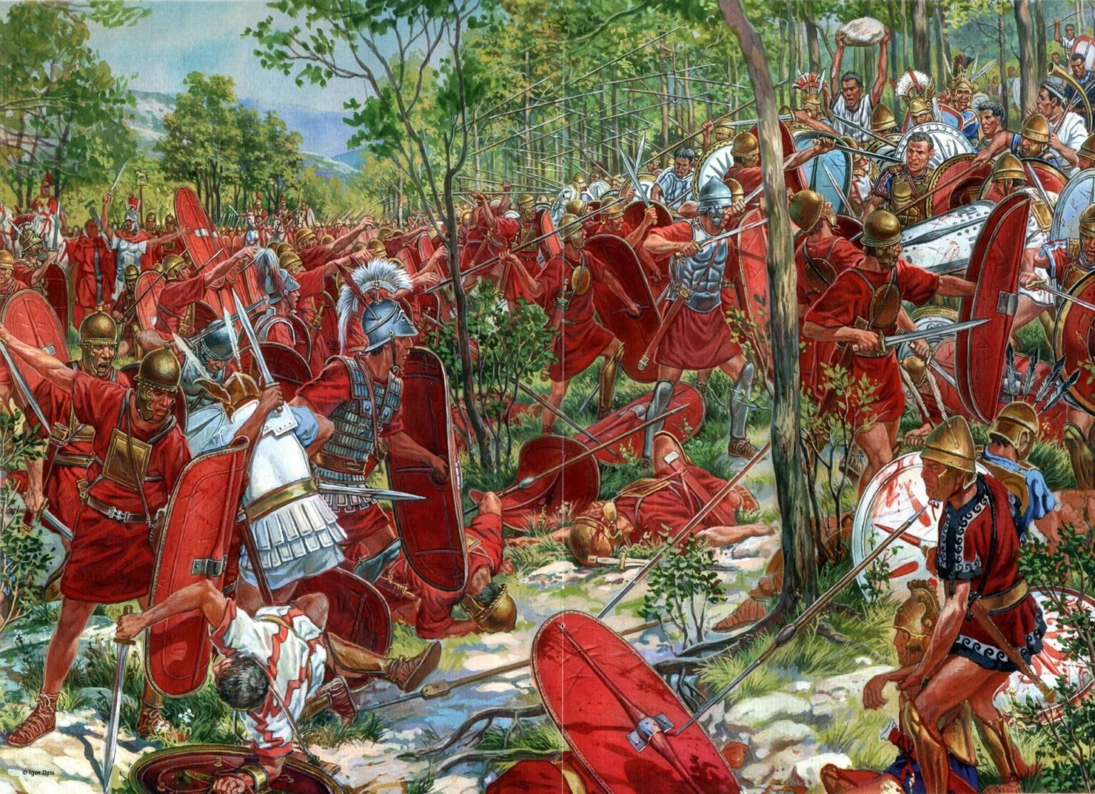 Roman soldiers fighting Samnite warriors in a forest during the First Samnite War