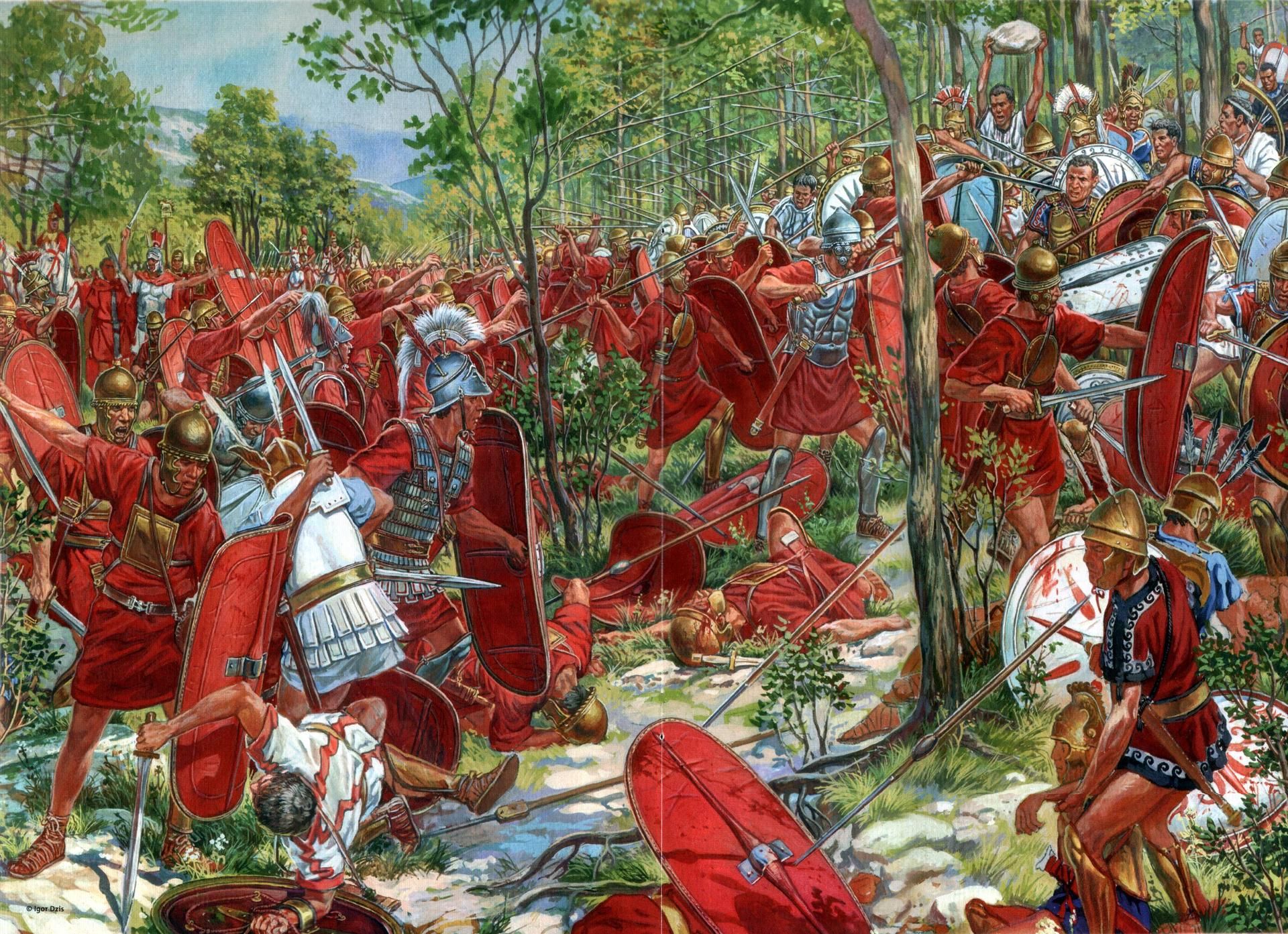 Roman soldiers fighting Samnite warriors in a forest during the First Samnite War