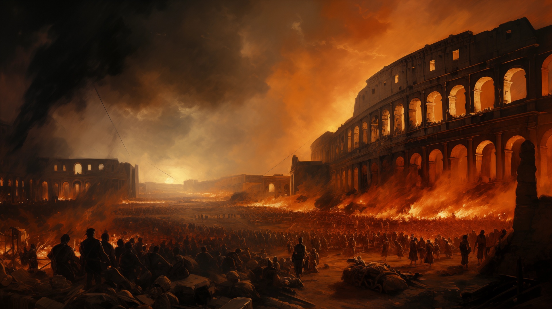 Fire of Rome with the Colosseum burning in background as people watch from streets