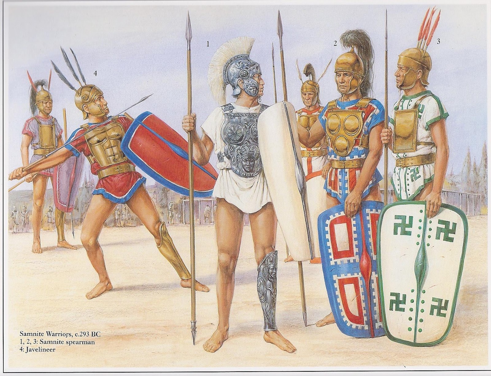 Four Samnite warriors, including three spearmen and one javelineer, standing ready for battle
