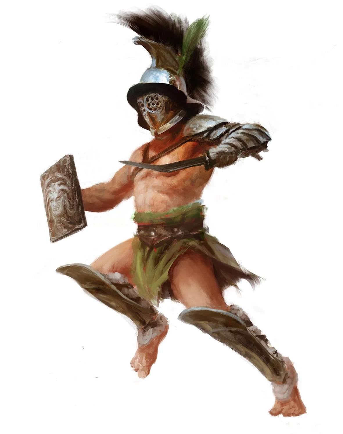 Thraex gladiator fighting with curved sica, small shield, helmet, and agile close-range strategy