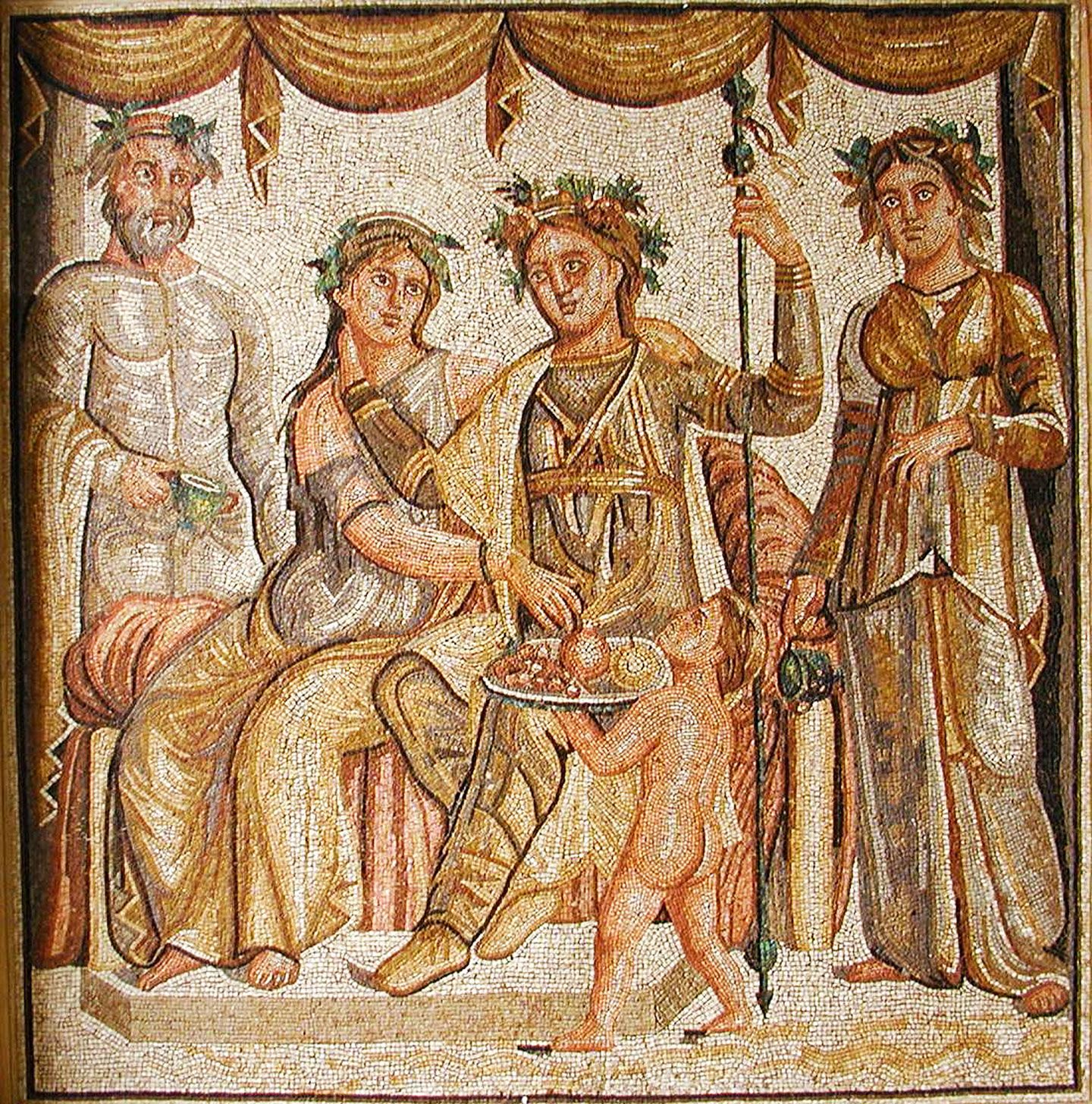 Ancient Roman banquet with musicians performing while servants serve food to wealthy guests