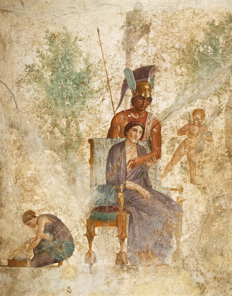 Ancient Roman love fresco from Pompeii depicting figures in an intimate mythological scene