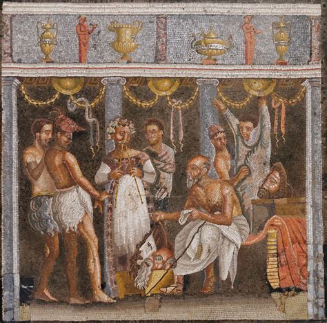 Ancient Roman theater mosaic depicting performers and theatrical scenes from Roman entertainment