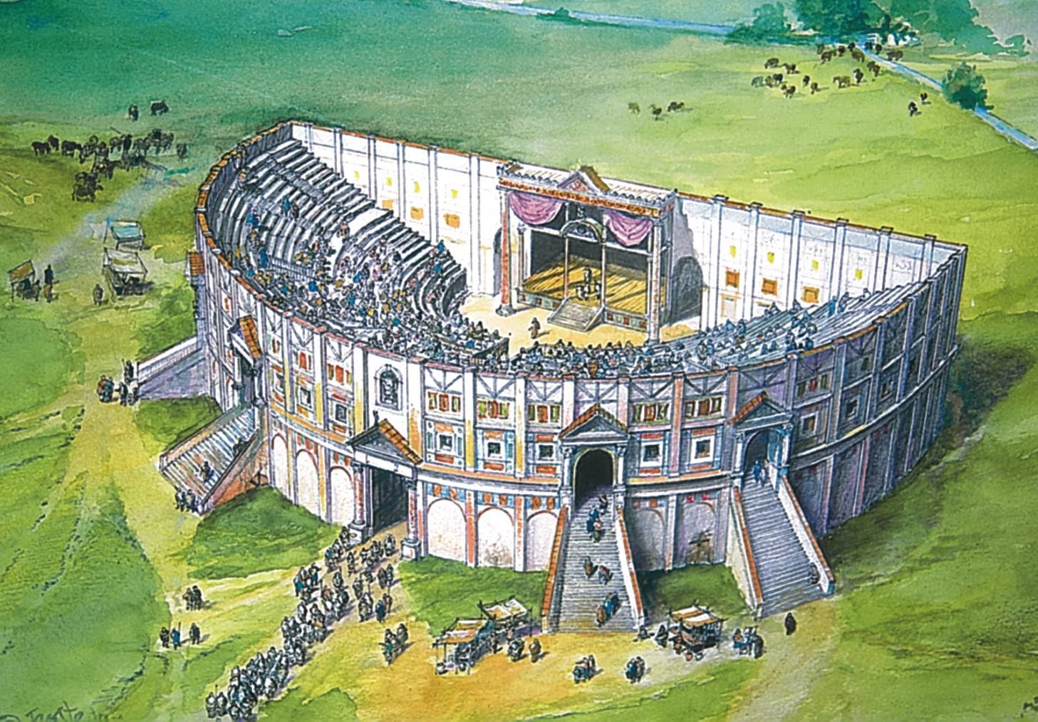 Reconstruction of an ancient Roman theater showing tiered seating, stage buildings, and bustling crowds