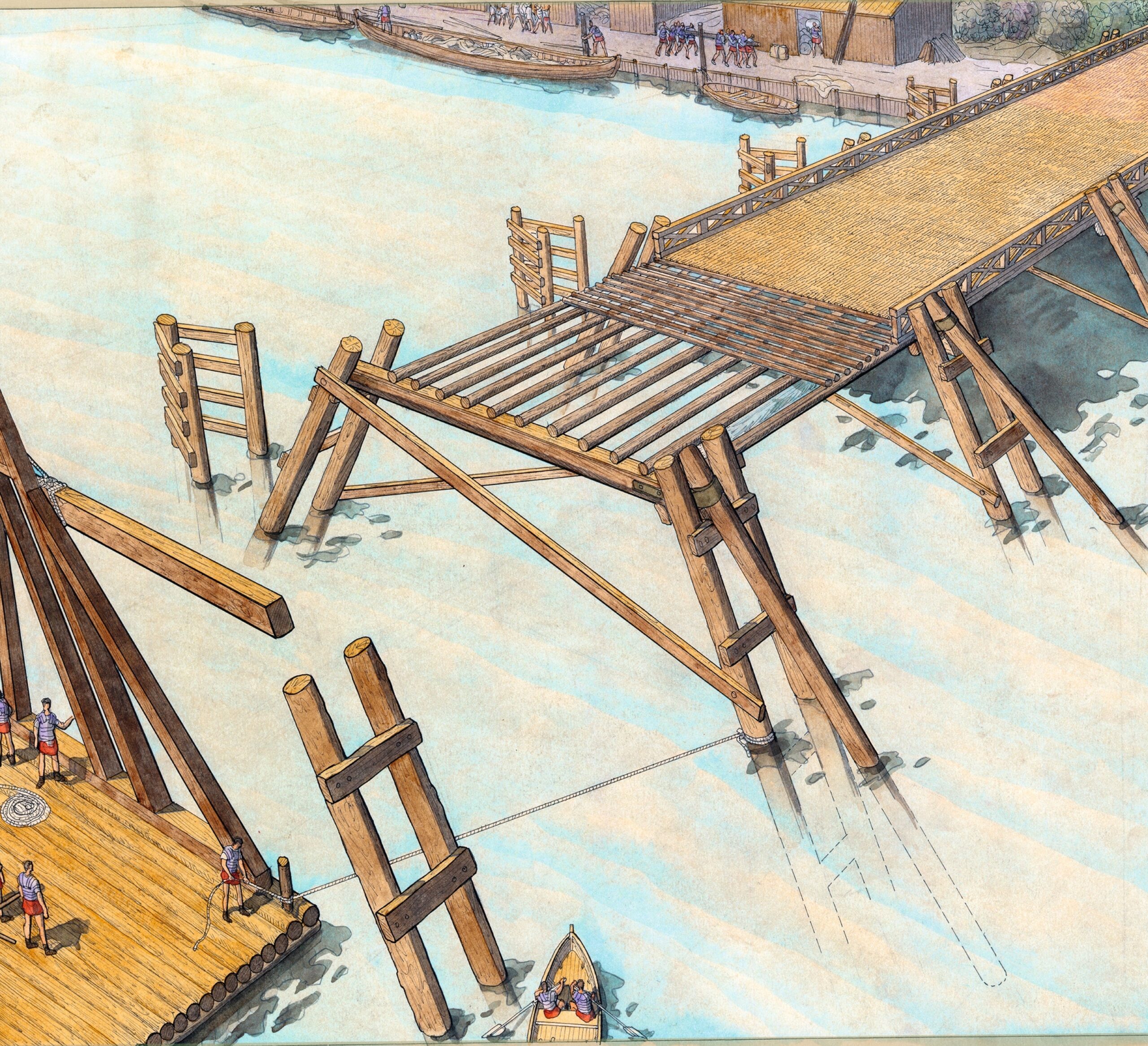 Roman workers constructing a wooden bridge across a river using ancient engineering techniques