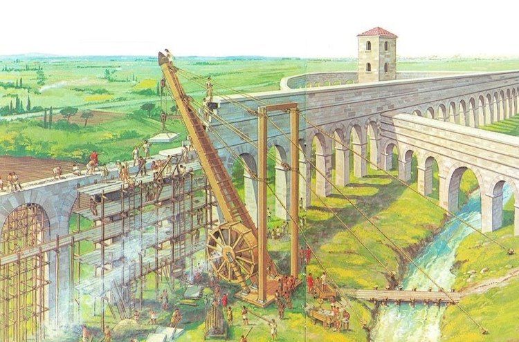 Roman workers constructing a stone aqueduct across land using arches and ancient engineering techniques