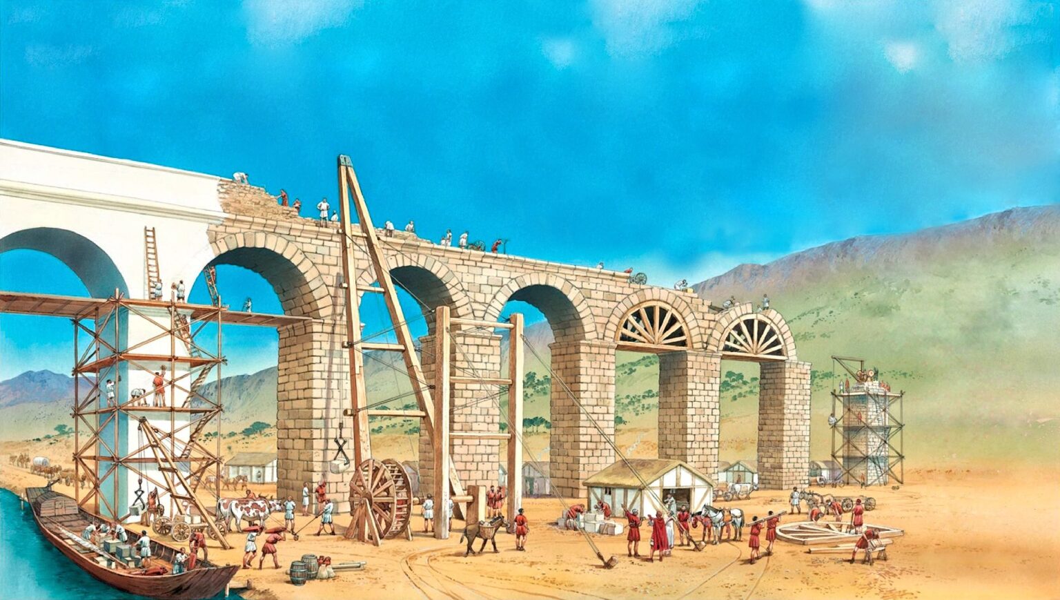 Roman workers constructing a stone bridge across a river using ancient engineering techniques