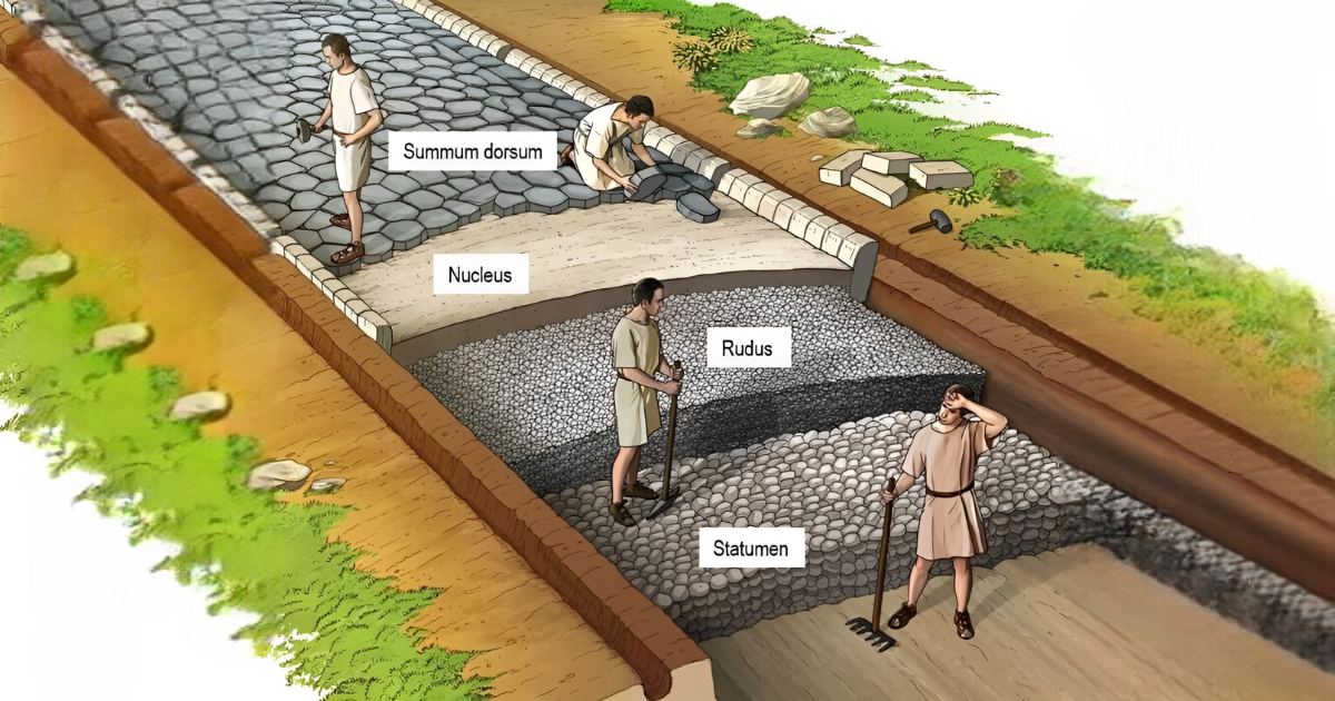 Diagram showing the different layers and parts of Roman road construction