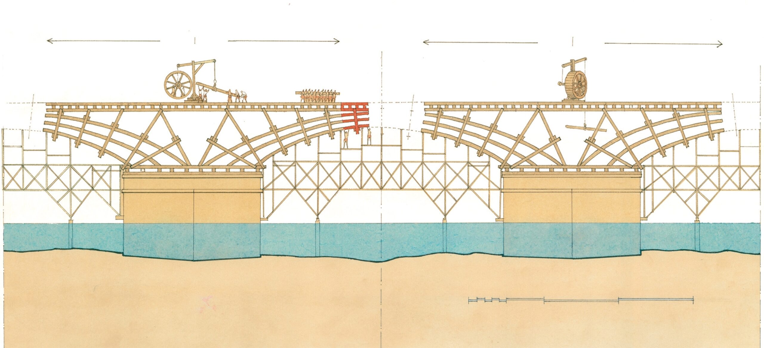 Ancient Roman bridge plans showing architectural designs and construction measurements