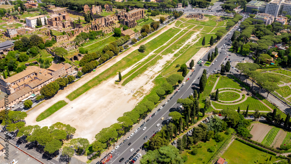 Aerial view of the Circus Maximus today, showing the archaeological site and surrounding modern Rome