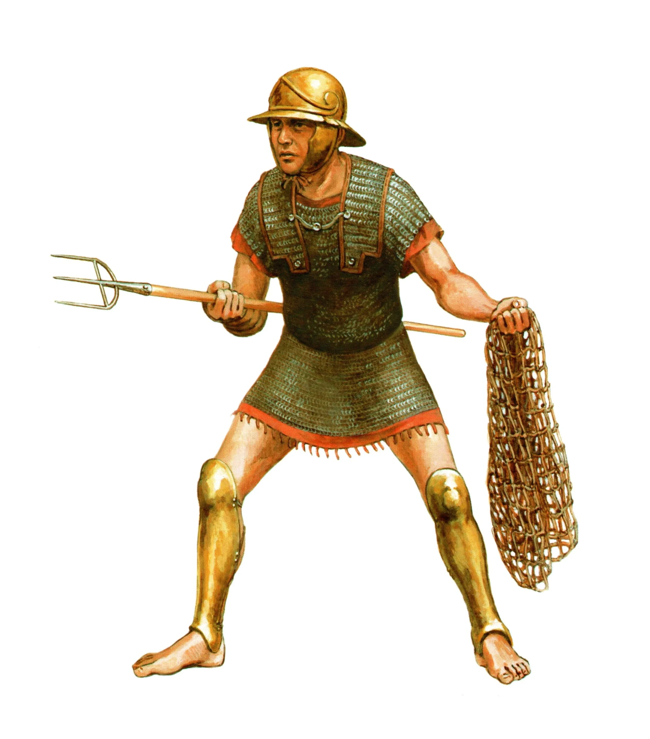 Retiarius gladiator fighting with net, trident, dagger, and agile strategy against an armored opponent
