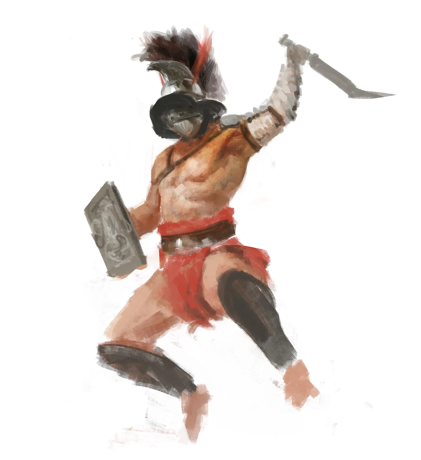 Thraex gladiator leaping forward to charge with curved sica, small shield, helmet, and agile strategy