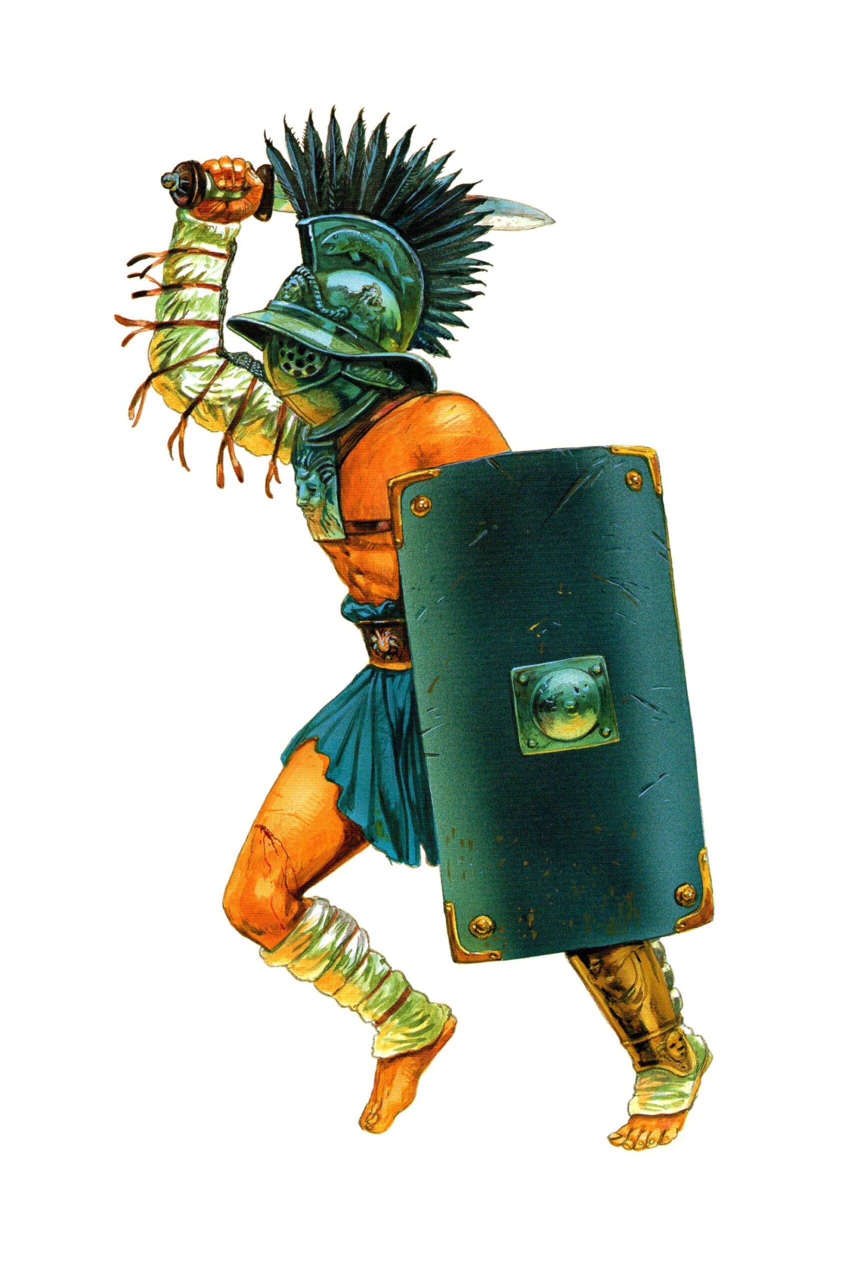 Samnite gladiator fighting with large shield, sword, helmet, and heavy armor using defensive tactics