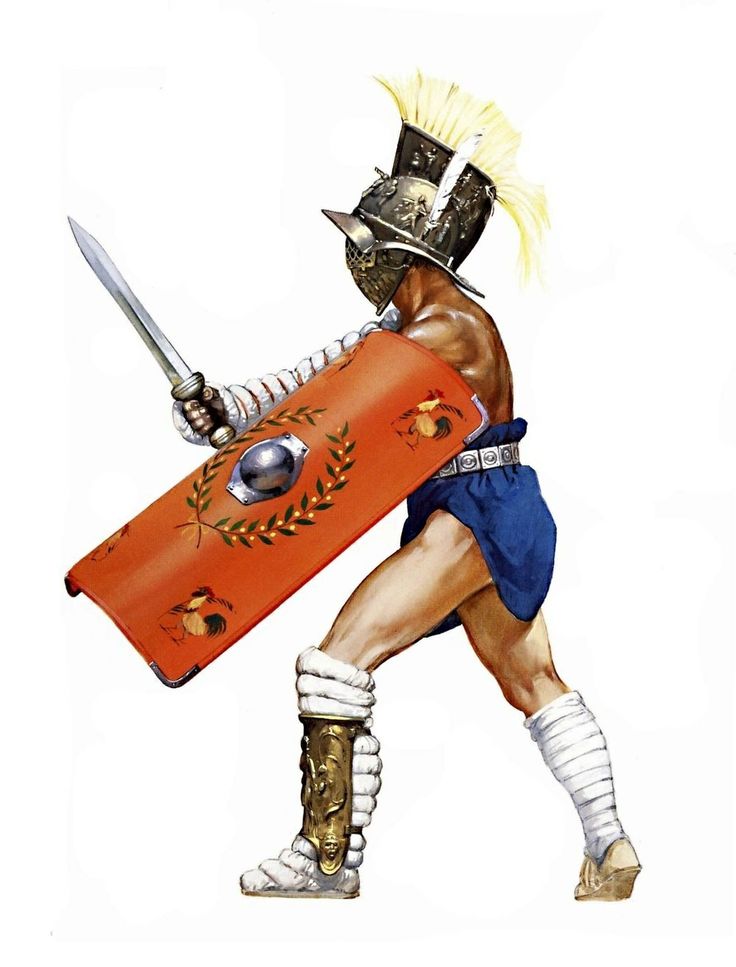 Murmillo gladiator charging with large shield, straight sword, helmet, and heavy armor during combat