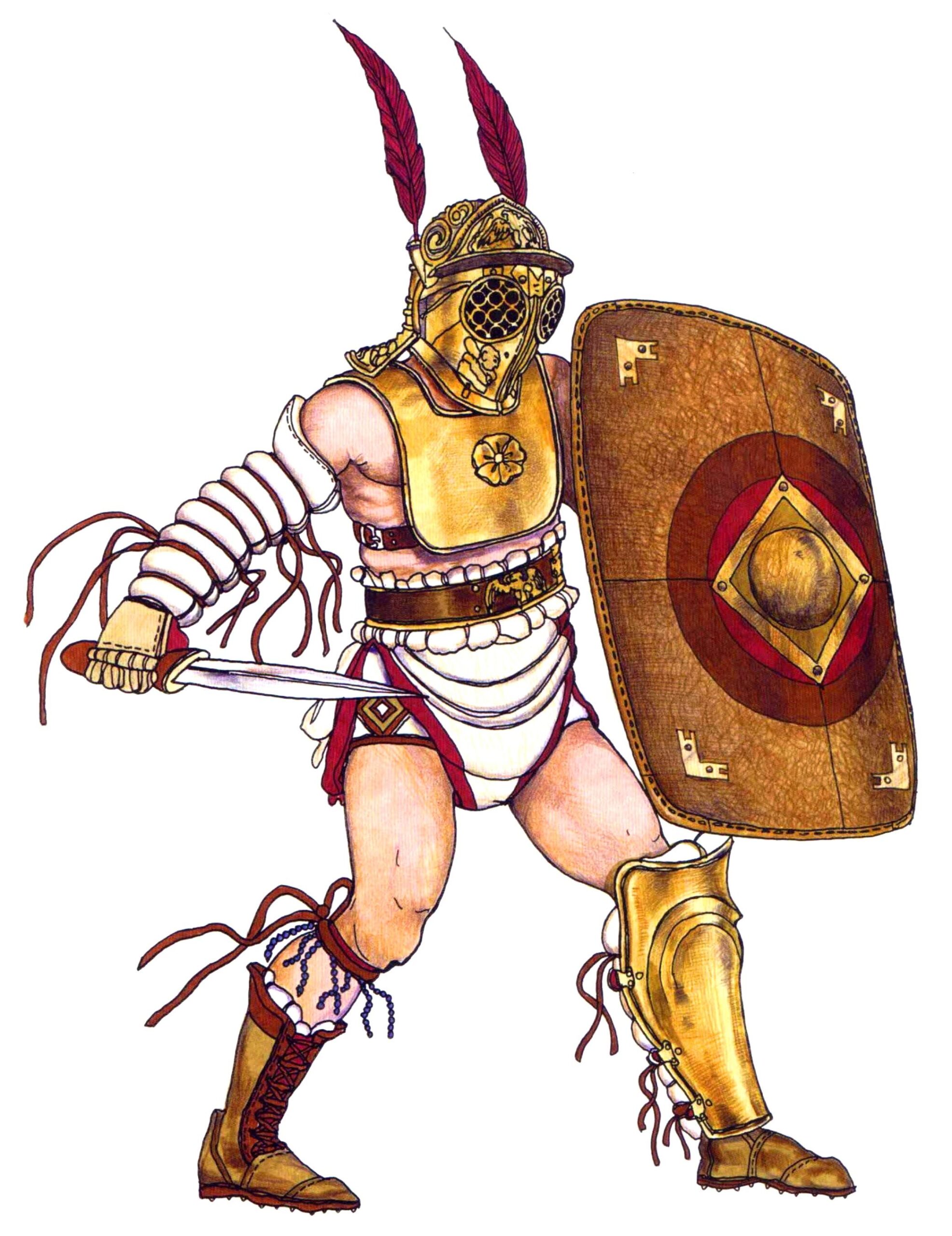 Provocator gladiator fighting with chest armor, large shield, sword, helmet, and defensive strategy