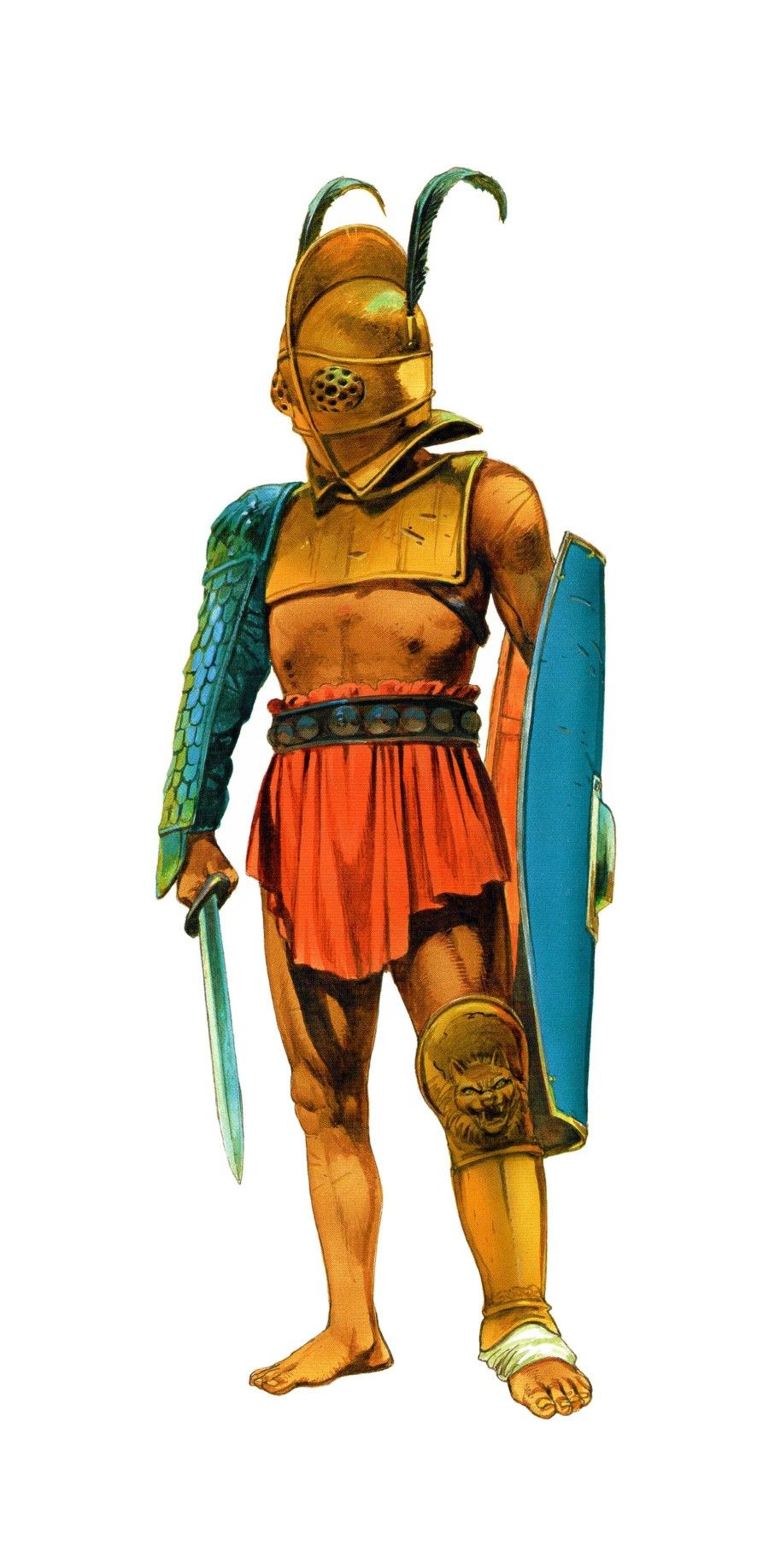 Provocator gladiator fighting with chest armor, large shield, sword, helmet, and defensive strategy