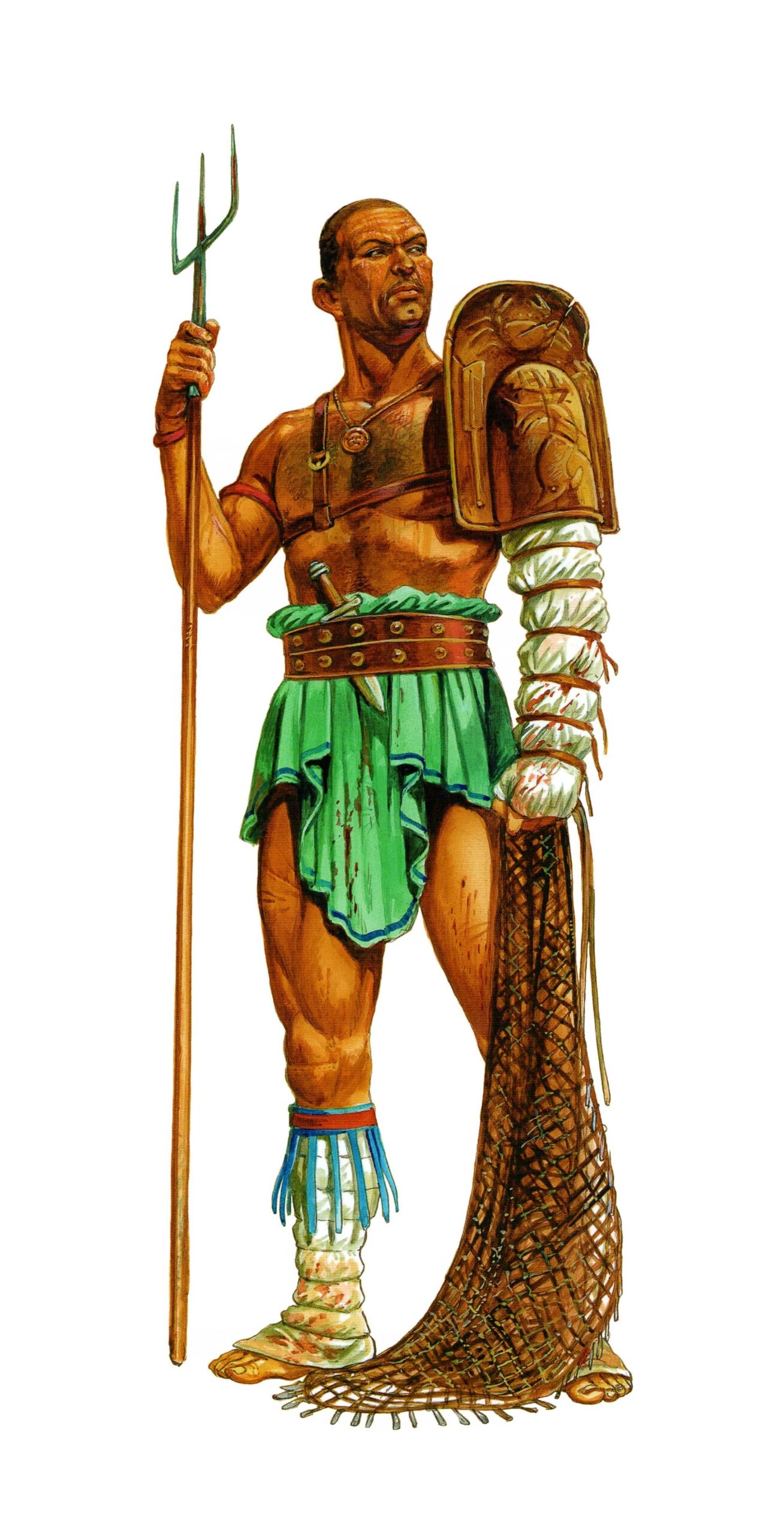 Retiarius gladiator wielding net, trident, and dagger while using speed and distance during combat