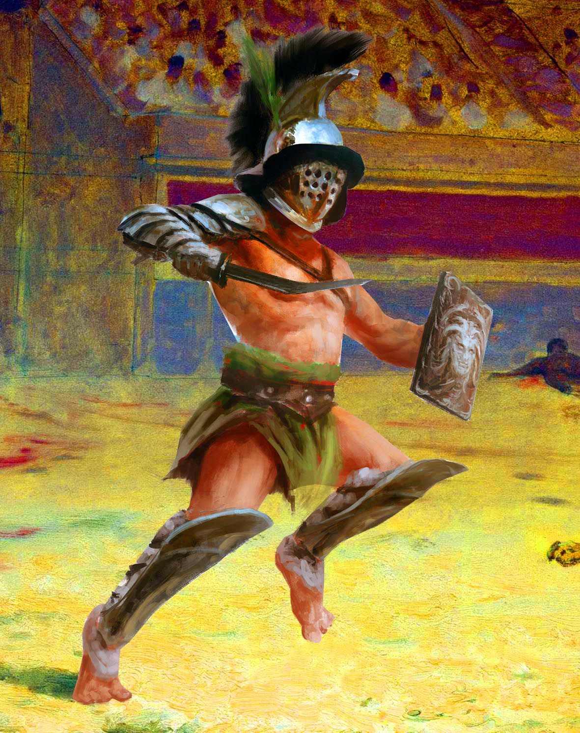 Thracian gladiator fighting in the Colosseum with curved sword, small shield, and aggressive strategy