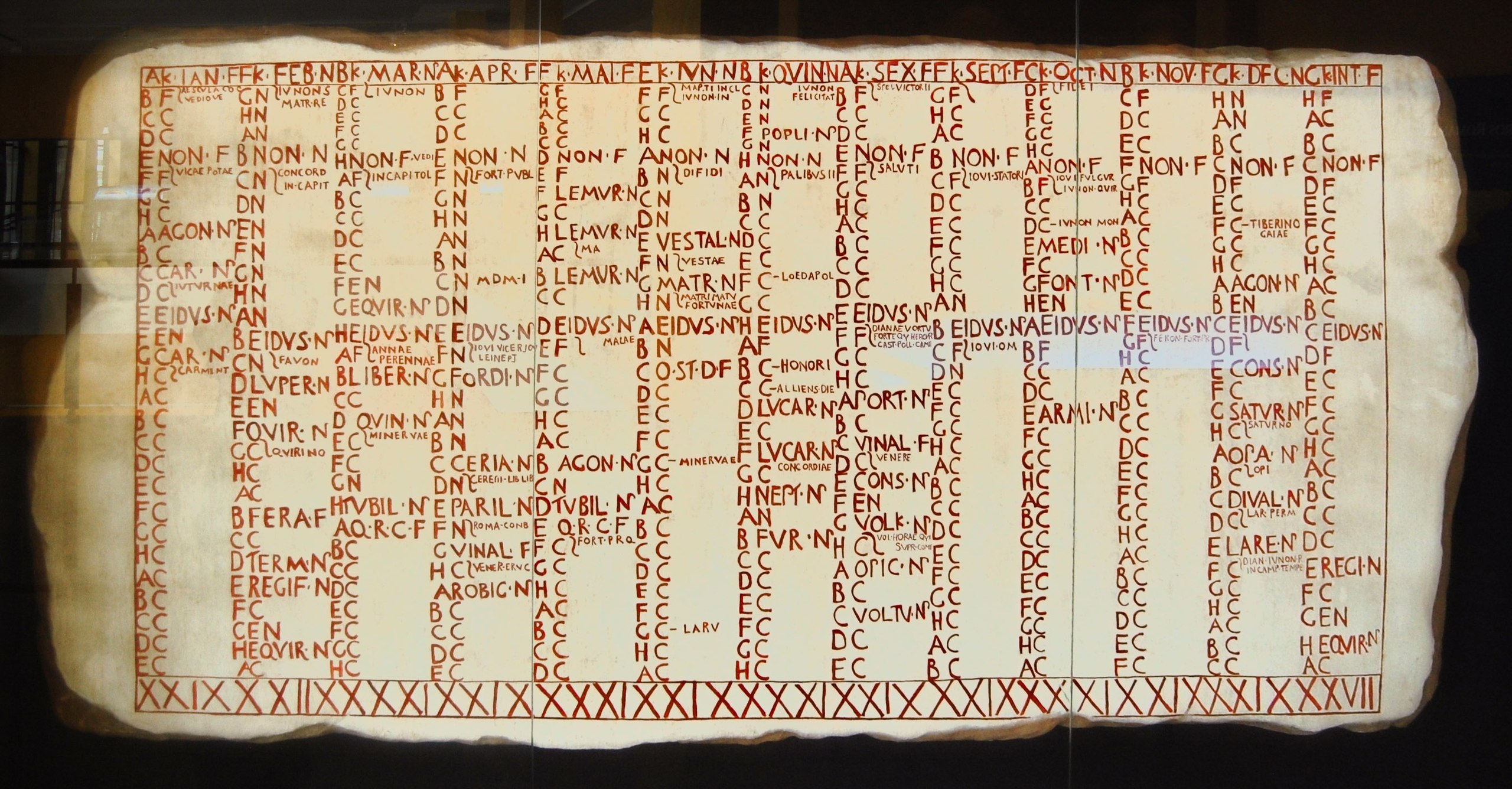 Ancient Roman calendar showing months, dates, festivals, and important religious celebrations