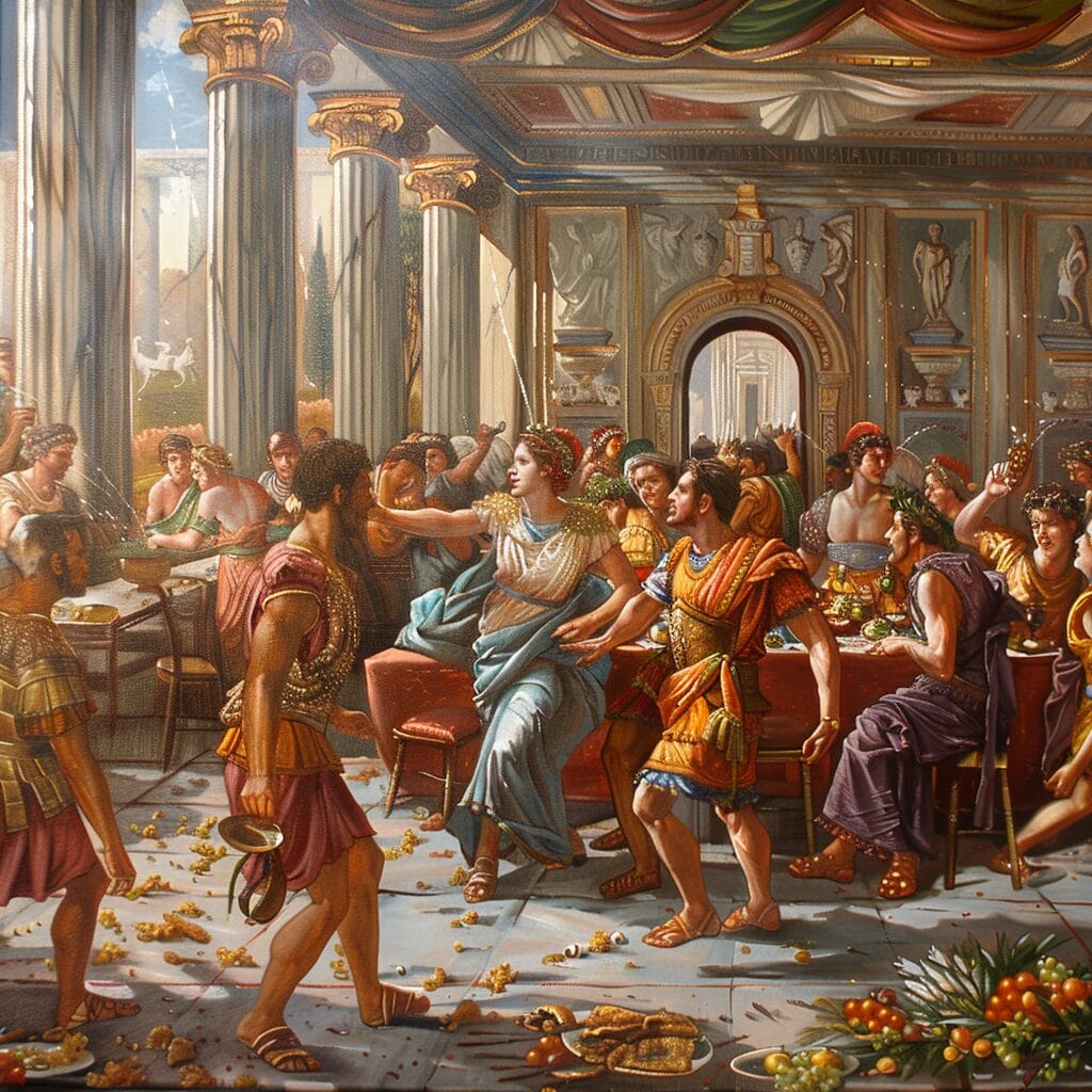 Ancient Romans celebrating the New Year together in March, with music, decorations, and festive gatherings