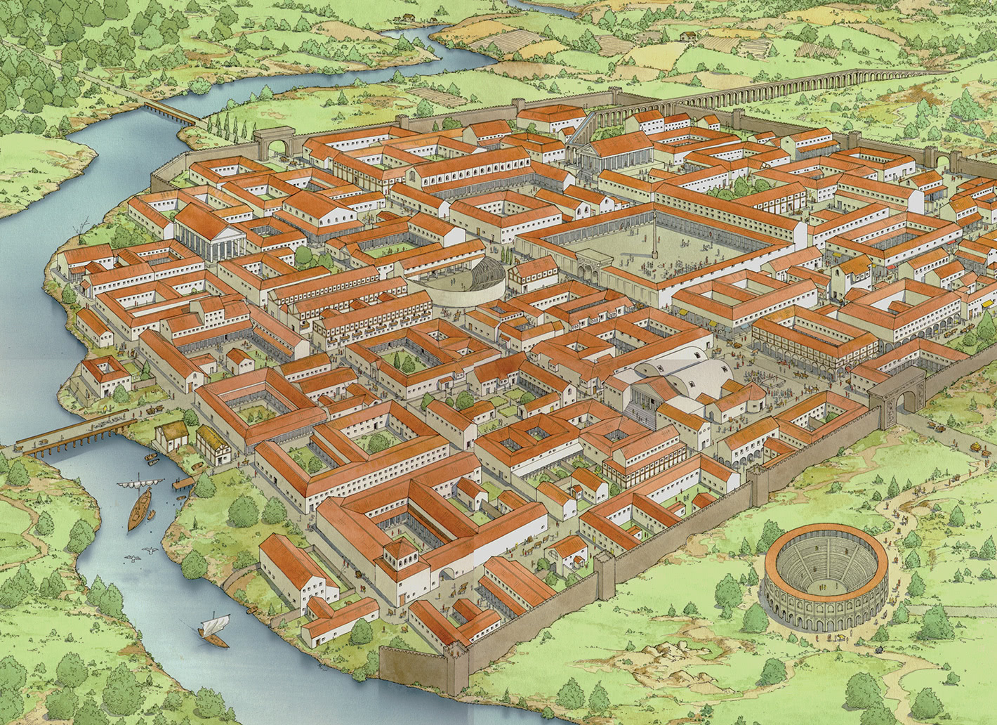Ancient Roman city with forums, amphitheatres, temples, baths, markets, roads, and crowded residential buildings