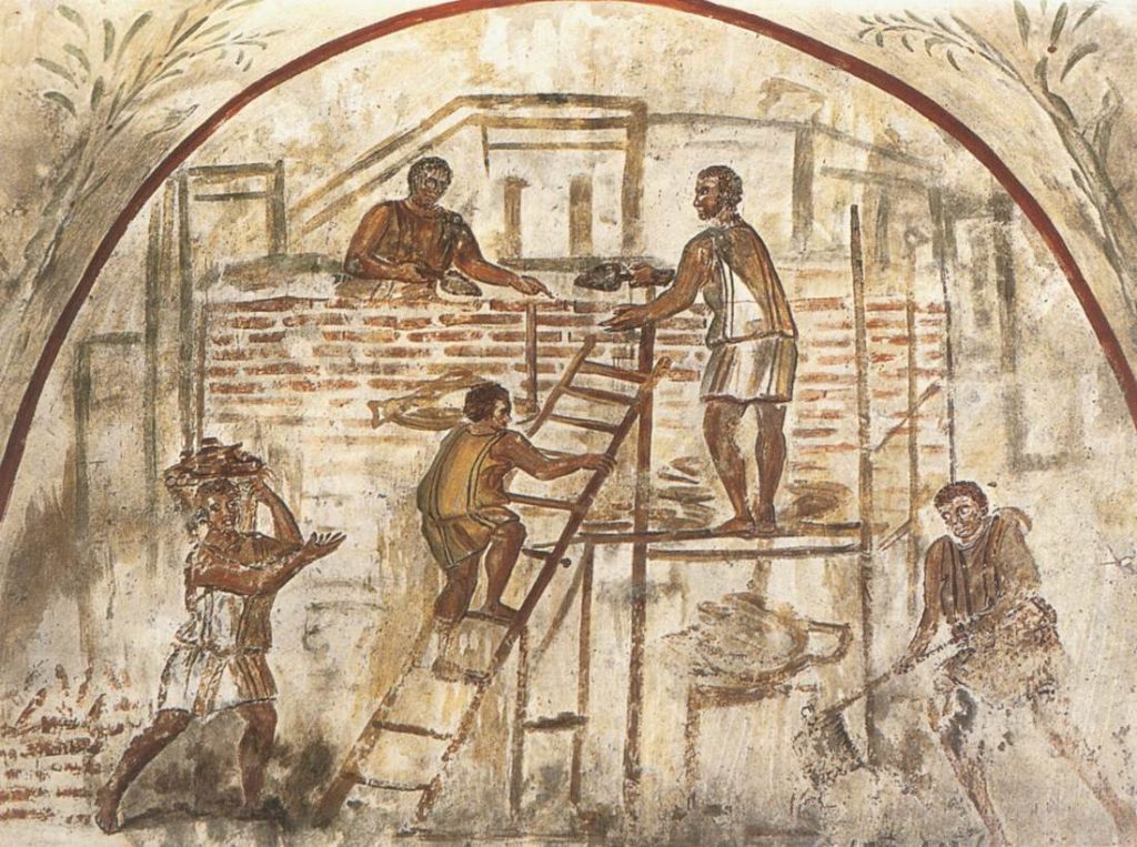 Painting of an ancient Roman construction site with workers, scaffolding, stone blocks, and unfinished buildings