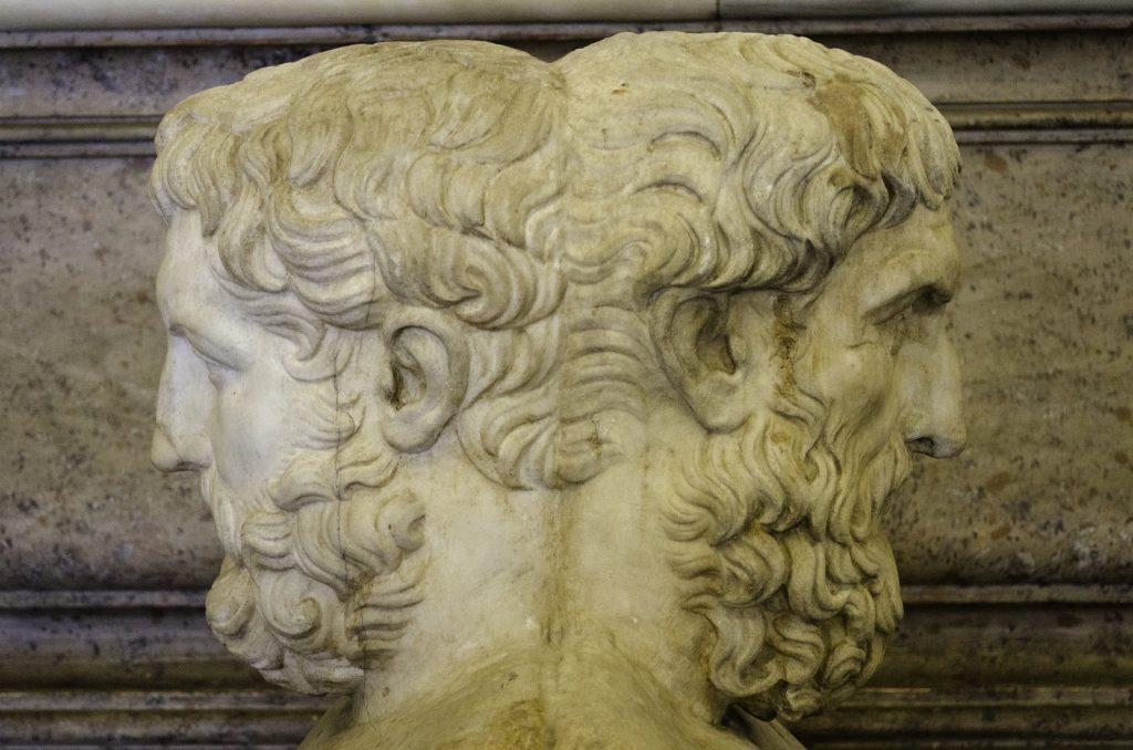 Roman god Janus statue with two faces looking in opposite directions, associated with January