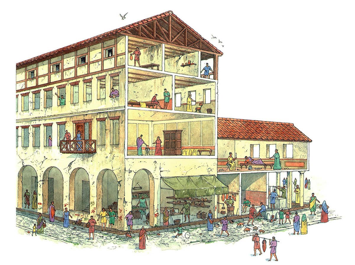 Cutaway view of a Roman insula showing rooms, apartments, shops, stairways, and interior spaces