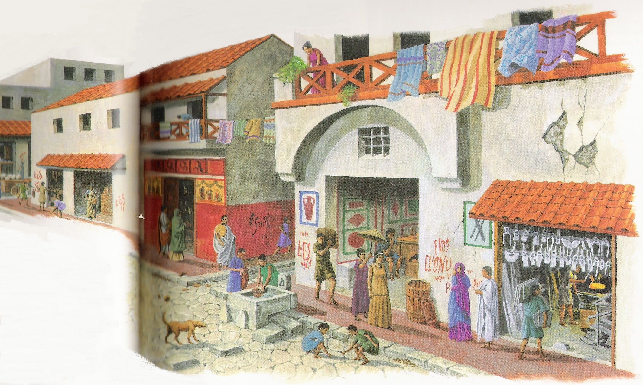 Busy Roman street with food vendors, houses, children playing, pedestrians, animals, and bustling daily activity