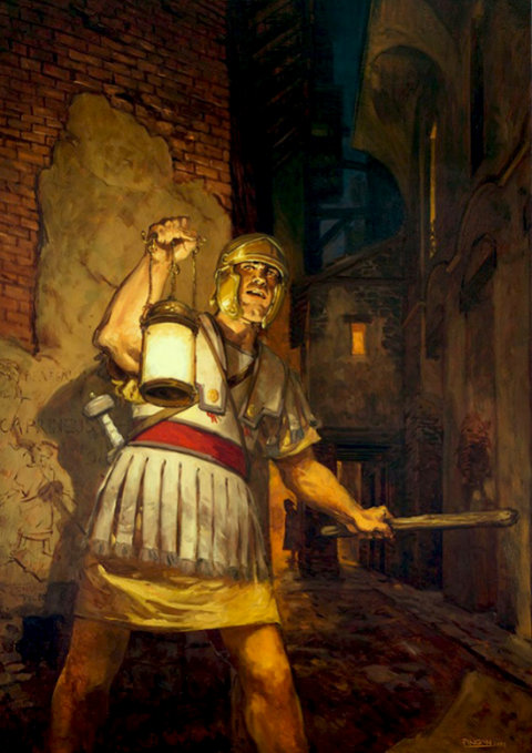 Roman Vigiles patrolling and guarding city streets at night, carrying lanterns and watching for fires