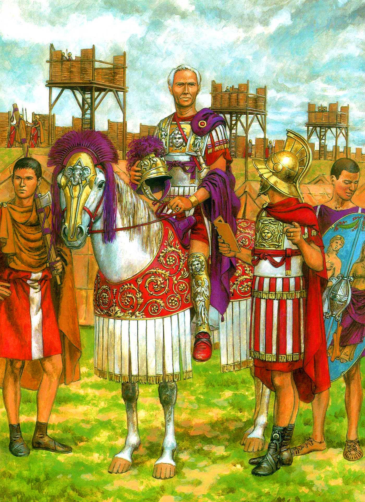 Julius Caesar and his Roman soldiers inside a fortified military camp during an ancient campaign